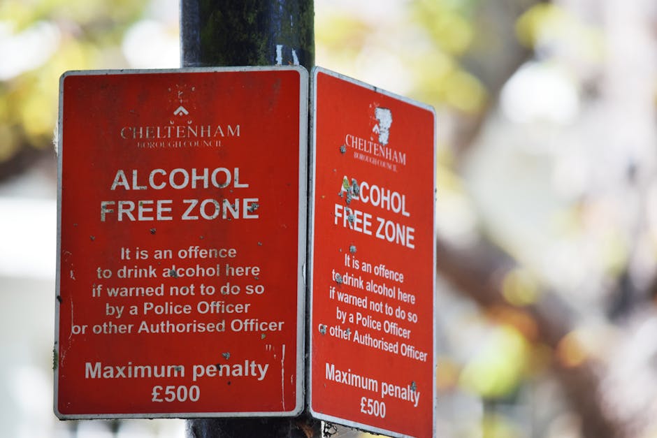 Close-up view of two red metal signs affixed to a dark pole in an outdoor setting with blurred yellowish foliage in the background. The signs prominently display the words 'ALCOHOL FREE ZONE' in large white lettering, with additional text below stating that drinking alcohol here is an offence and warning of a maximum penalty of £500, as issued by Cheltenham Borough Council. The signs show minor signs of weathering, including small scratches and chipped paint, indicating exposure to outdoor elements. The area appears to be a street or public space, possibly near a park or pedestrian walkway, where authorities enforce alcohol restrictions. These signs are part of local regulations aiming to prevent alcohol consumption in designated zones, aligning with community safety and waste management practices by minimizing litter and disturbance associated with alcohol consumption in public spaces. The lighting is natural, suggesting daylight hours, and the signs' surfaces are matte with some minor dirt spots, emphasizing their functional, informational role in maintaining public order.
